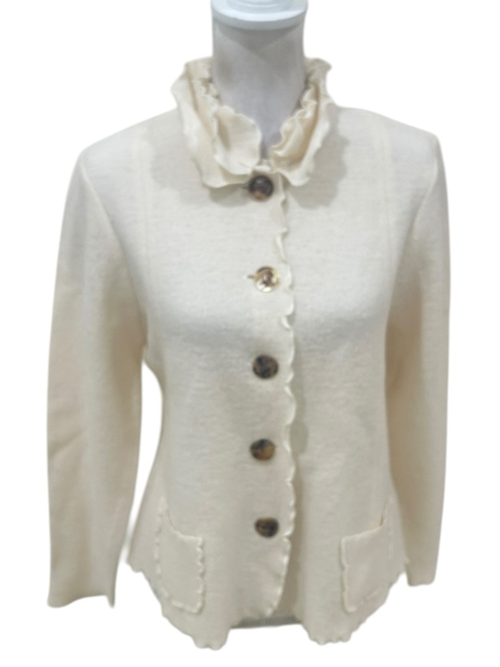 Cream Ruffle Collar Button-Front Blazer Jacket